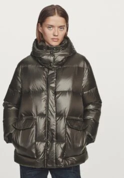 Massimo Dutti SHORT WATER-REPELLENT PUFFER WITH HOOD - Down Jacket - Mottled Green