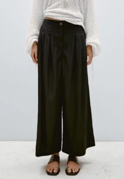 Massimo Dutti FLOWING PALAZZO WITH DARTS - Trousers - Black