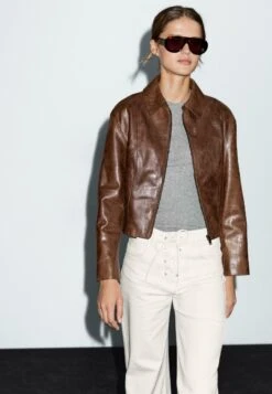Massimo Dutti SHORT - Leather Jacket - Brown