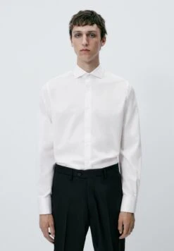 Massimo Dutti Regular Fit Textured With Double Cuffs- Formal Shirt - White