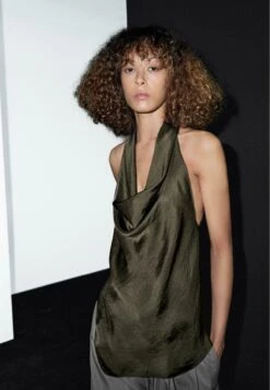 Massimo Dutti DRAPED HALTER TOP - Top - Mottled Dark Green