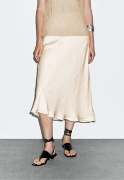 Massimo Dutti FLOWING SATIN MIDI - A-line Skirt - Beige