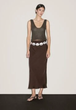 Massimo Dutti FLOWING SATIN MIDI - Pencil Skirt - Brown