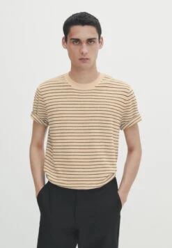 Massimo Dutti Short Sleeve With Irregular Stripes - Print T-Shirt - Beige