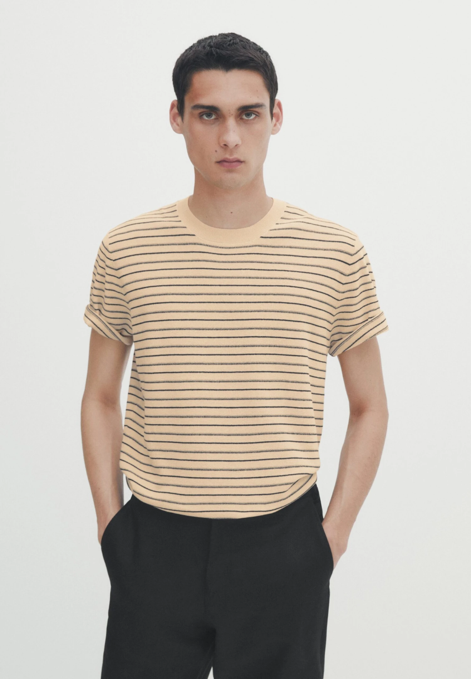 Massimo Dutti Short Sleeve With Irregular Stripes - Print T-Shirt - Beige 3 Massimo Dutti Short Sleeve With Irregular Stripes - Print T-Shirt - Beige