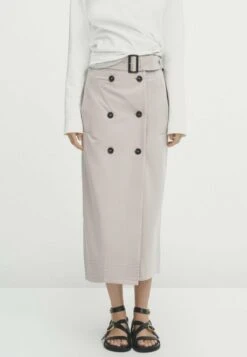 Massimo Dutti Belted Double-Buttoned Midi- A-Line Skirt - Beige