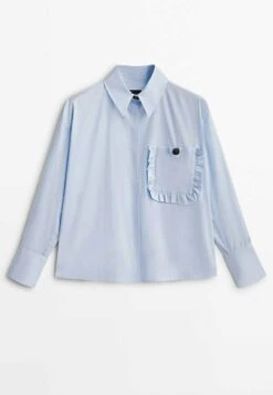 Massimo Dutti Studio - Poplin With Ruffled Pocket- Button-Down Blouse - Blue -Massimo Dutti Shop de98632c3d4f4665aa4880df89ef5a48