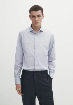 Massimo Dutti Pinstriped Easy Iron- Formal Shirt - Blue