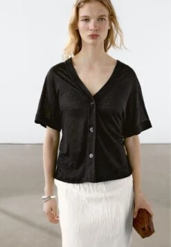 Massimo Dutti BOXY FIT SHORT SLEEVE - Button-down Blouse - Black