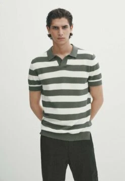 Massimo Dutti Striped Short Sleeve- Polo Shirt - Mottled Green
