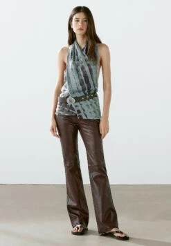 Massimo Dutti PRINT FLOWING HALTER NECK - Top - Blue Grey