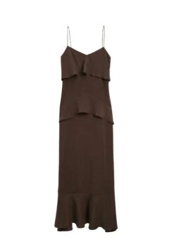 Massimo Dutti LONG V-NECK RUFFLED - Maxi Dress - Mottled Dark Brown