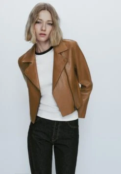 Massimo Dutti With Polished Edges - Leather Jacket - Brown