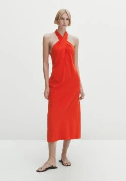 Massimo Dutti Gathered Crossover Halter Neck- Day Dress - Coral