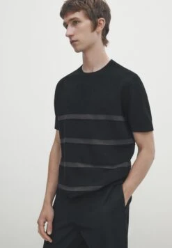 Massimo Dutti Stripe Textured - Print T-Shirt - Black