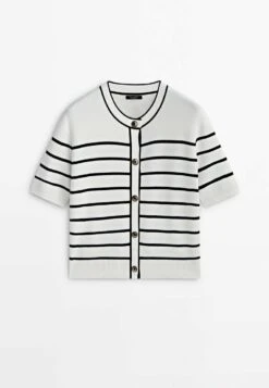 Massimo Dutti Striped Short Sleeve- Cardigan - White -Massimo Dutti Shop f761205808644359b6f1fa8ae8d8b40b