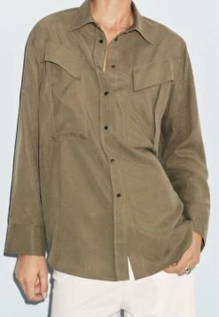 Massimo Dutti LONG WITH POCKET DETAILS - Button-down Blouse - Khaki -Massimo Dutti Shop f86f25b08ab54991b76a1def6e19796c