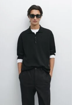 Massimo Dutti LONG SLEEVE POLO COLLAR - Jumper - Black