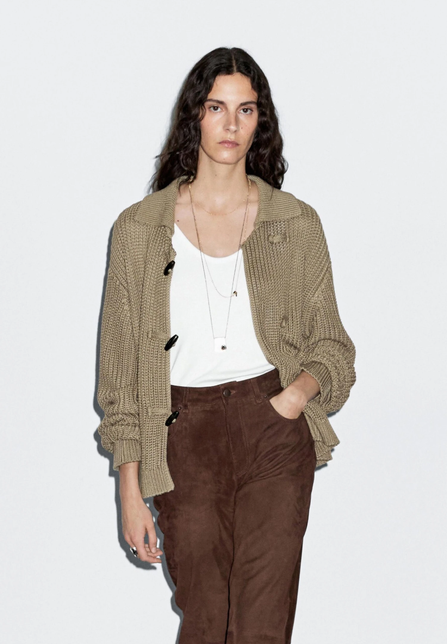 Massimo Dutti HORN BUTTON DETAIL - Cardigan - Brown