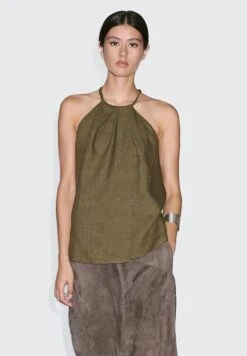Massimo Dutti CROSSOVER HALTER TOP - Top - Mottled Dark Green