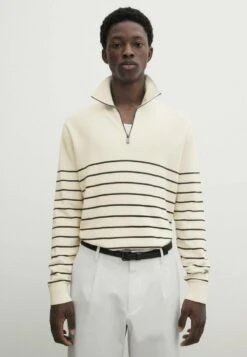 Massimo Dutti Striped Mock Neck With Zip- Jumper - Beige