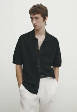 Massimo Dutti Textured With Buttons - Cardigan - Black