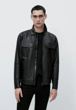 Massimo Dutti With Pockets- Leather Jacket - Black