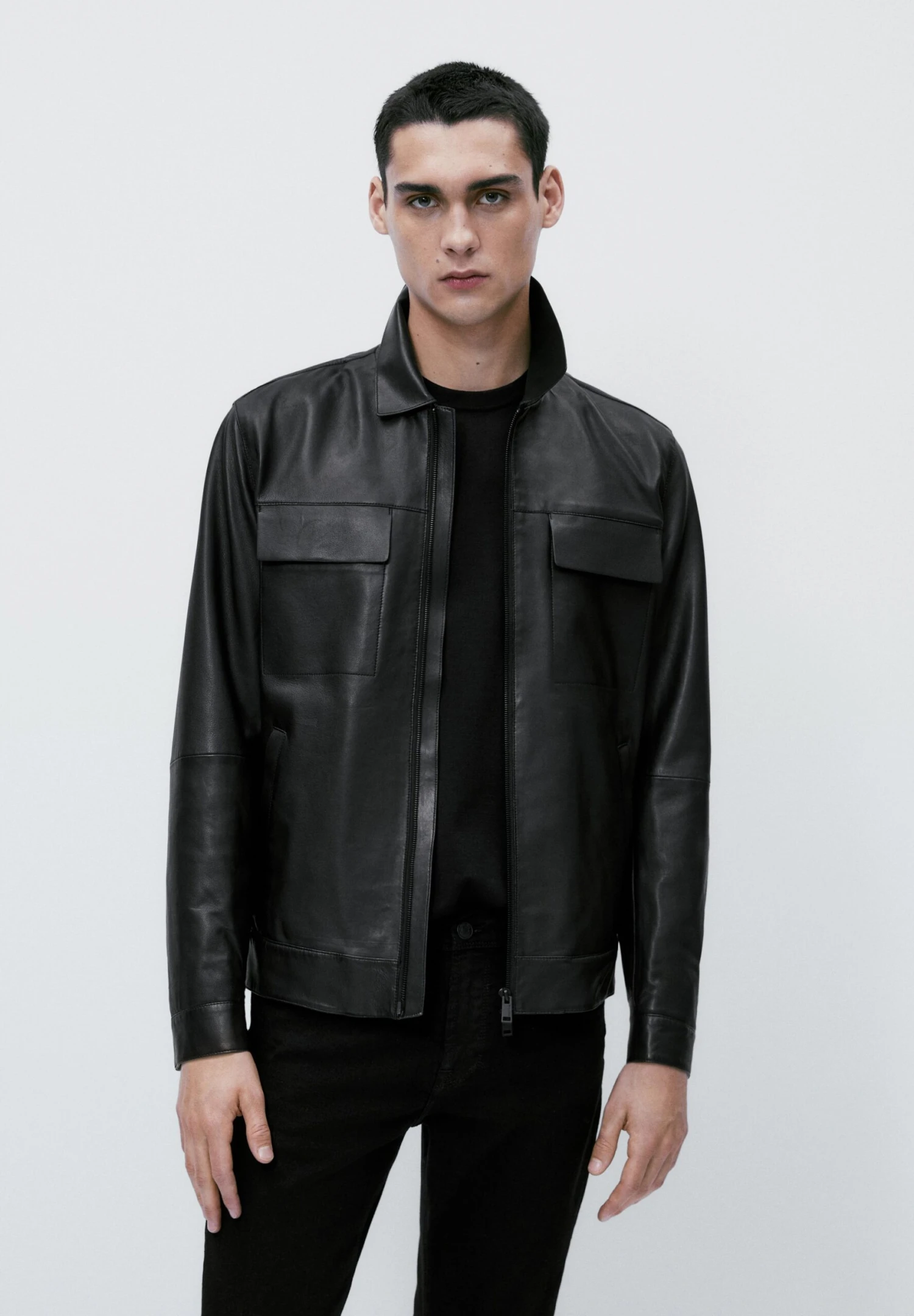Massimo Dutti With Pockets- Leather Jacket - Black 3 Massimo Dutti With Pockets- Leather Jacket - Black
