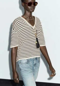 Massimo Dutti STRIPED V-NECK - Print T-shirt - Dark Blue