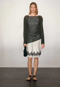 Massimo Dutti CONTRAST LACE-TRIMMED - A-line Skirt - White